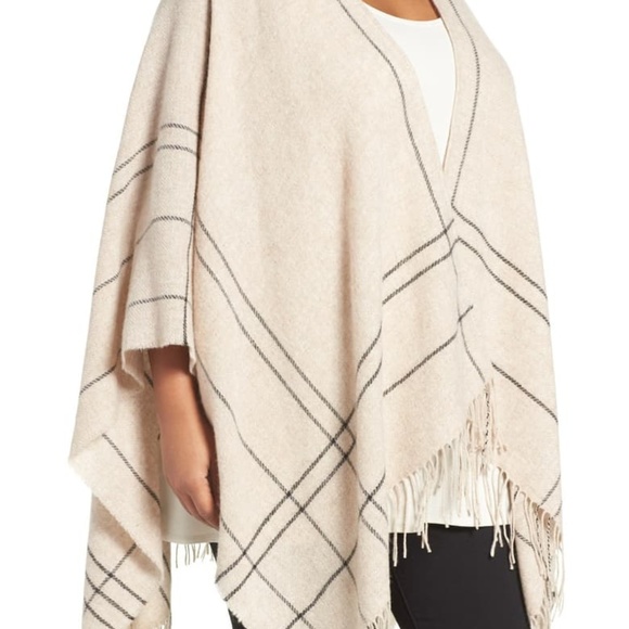 EILEEN FISHER Wool Check Fringe Sweater Wrap NWOT - Picture 2 of 11